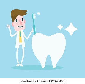 Dentist holding a Toothbrush cleaning a Big Tooth. vector 