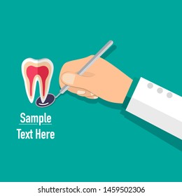 Dentist holds a dental instrument. Dental concept. Dentist background. Vector illustration.
