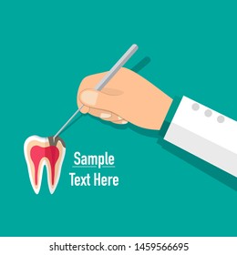Dentist holds a dental instrument. Dental concept. Dentist background. Vector illustration.