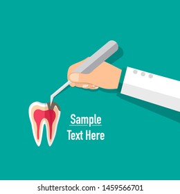 Dentist holds a dental instrument. Dental concept. Dentist background. Vector illustration.