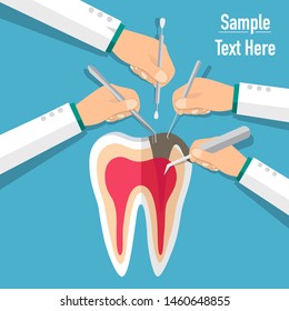 Dentist holds a dental instrument. Dental concept. Dentist background. Vector illustration.