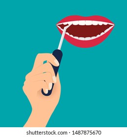 Dentist holds a dental instrument. Dental concept. Dentist background. Vector illustration.