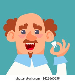 A dentist holds in his hand a fallen tooth. Disease and treatment. Logo for children's clinic. Vector illustration in cartoon style.