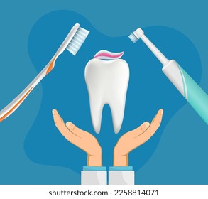 Dentist holds a human tooth with toothpaste against the background of toothbrushes. Oral hygiene. Vector illustration