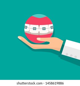 Dentist holds teeth with braces. Dental concept. Dentist background. Vector illustration.