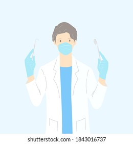 The dentist holds tools in hand prepare to work in dental clinic. Dental concept. Hand draw thin line style. Vector illustration.