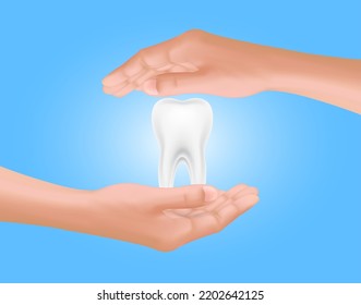 Dentist holds tooth in hand. Healthy white teeth isolated on blue background. Medical dental treatment and whitening concept. Realistic 3D Vector illustration.