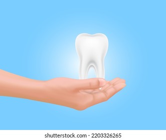 Dentist holds tooth in hand. Healthy white teeth isolated on blue background. Medical dental treatment and whitening concept. Realistic 3D Vector illustration.