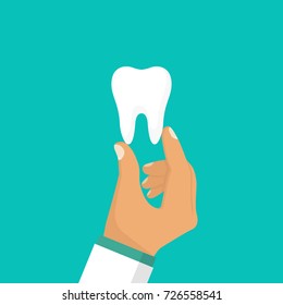 Dentist holds a tooth in hands. Healthy white tooth. Vector illustration flat design. Teeth isolated. Medical background. Promotion of dental clinic whitening, prosthetics.