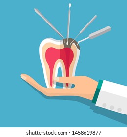 Dentist holds a tooth with instrument. Dental concept. Dentist background. Vector illustration.