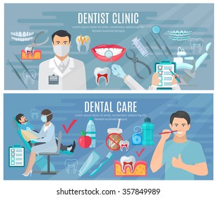 Dentist horizontal banners set with clinic and dental care symbols flat isolated vector illustration 