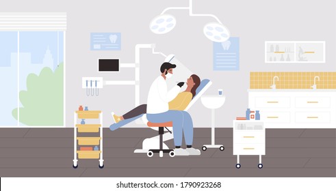 Dentist hospital exam vector illustration. Cartoon flat woman doctor character holding instrument, examining man patient in medical office room interior. Dental tooth healthcare, dentistry background