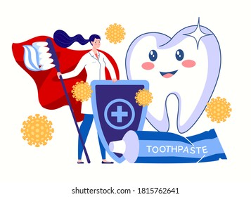 Dentist hygienist. The doctor with a toothbrush and paste in the hero's red cloak protects teeth from plaque and bacteria. Vector flat illustration.