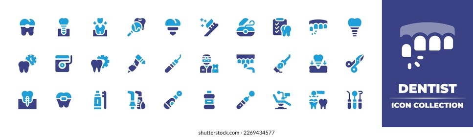 Dentist icon collection. Duotone color. Vector illustration. Containing braces, dental implant, filling, magnifying glass, toothbrush, dental floss, dental, teeth, dental care, tooth, drill, dentist.