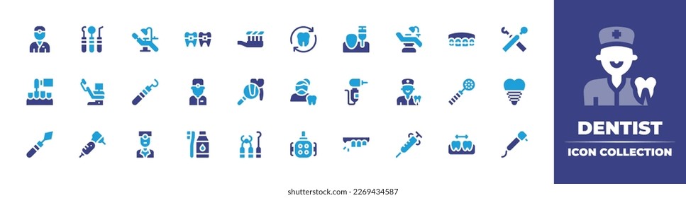 Dentist icon collection. Duotone color. Vector illustration. Containing dentist, dentist chair, braces, toothbrush, reconstruction, anesthesia, dentist tools, dental drill, tooth brush, forceps, lamp.