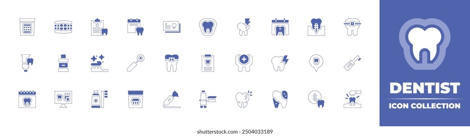 Dentist icon collection. Duotone style line stroke and bold. Vector illustration. Containing tooth, appointment, dentures, braces, prescription, toothbrush, toothpaste, mirror, denture, mouthwash.