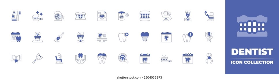 Dentist icon collection. Duotone style line stroke and bold. Vector illustration. Containing dentisttools, dentist, denture, dentalfloss, calendar, toothbrush, xray, premolar, invoice, brushteeth.