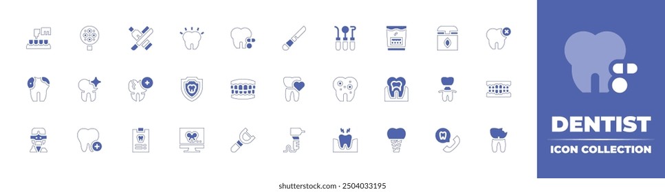 Dentist icon collection. Duotone style line stroke and bold. Vector illustration. Containing dentisttools, dentalcare, dentalcrown, denture, tooth, dentures, scalpel, chewinggum, cavity, cancel, nerve