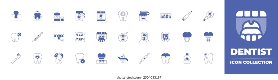 Dentist icon collection. Duotone style line stroke and bold. Vector illustration. Containing dentist, teeth, dentalveneer, mouthwash, calendar, toothache, tooth, mouth, bacteria, dentalcare.