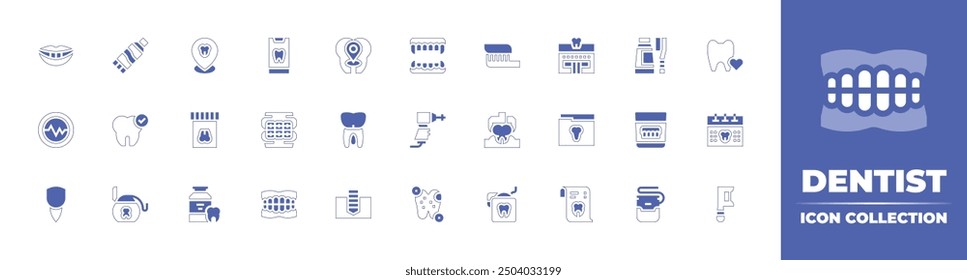 Dentist icon collection. Duotone style line stroke and bold. Vector illustration. Containing dentalfloss, cavities, medicine, teeth, braces, tooth, implant, checked, molar, dentaldrill.