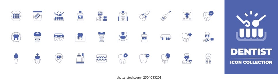 Dentist icon collection. Duotone style line stroke and bold. Vector illustration. Containing dentist, brushteeth, tooth, drill, pliers, teeth, implants, mouthwash, delete.