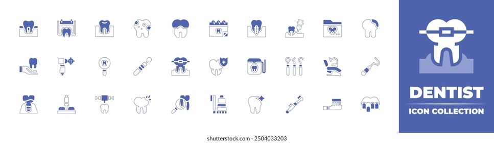 Dentist icon collection. Duotone style line stroke and bold. Vector illustration. Containing dentalfloss, anesthesia, periodontalscaler, filesandfolders, tooth, dentalimplant, tools, calendar, dentalc