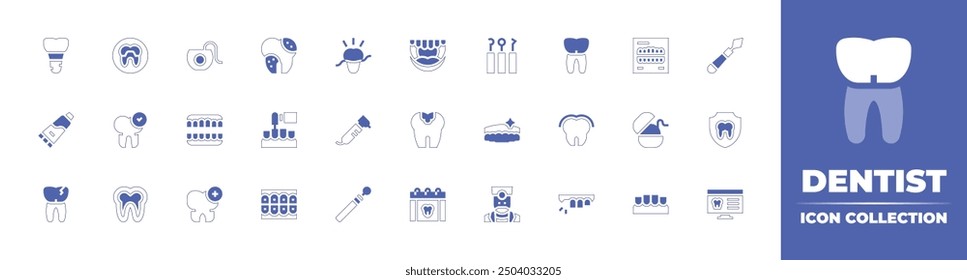 Dentist icon collection. Duotone style line stroke and bold. Vector illustration. Containing dentaldrill, toothpaste, dentist, mouthmirror, tooth, brokentooth, checked, appointmentbook, teeth, caries.