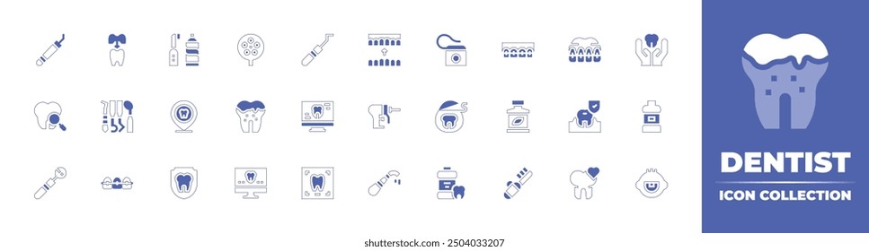 Dentist icon collection. Duotone style line stroke and bold. Vector illustration. Containing braces, floss, tooth, brackets, mouthwash, dentalfloss, teeth, instrument, dentalinsurance.