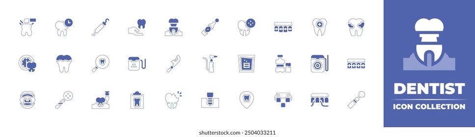 Dentist icon collection. Duotone style line stroke and bold. Vector illustration. Containing dentalfloss, dentist, dentalcare, clock, implant, dirty, dental, electrictoothbrush, pipe.