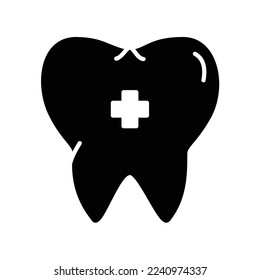 Dentist icon for dental treatment with plus sign for a tooth in black solid style