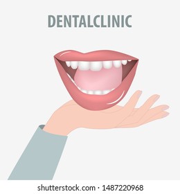Dentist icon. On a palm - an open female mouth, tongue, beautiful teeth - vector. Tooth protection.
