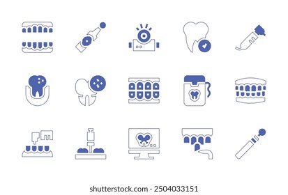 Dentist icon set. Duotone style line stroke and bold. Vector illustration. Containing headlamp, ekgmonitor, tooth, caries, electrictoothbrush, denture, dentaldrill, anesthesia.