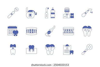 Dentist icon set. Duotone style line stroke and bold. Vector illustration. Containing dentisttools, calculus, tooth, dentures, prescription, calendar, teeth, dentalcrown.