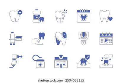 Dentist icon set. Duotone style line stroke and bold. Vector illustration. Containing mouthwash, dentist, infection, dentalcare, brokentooth, delete, dentalfloss, toothpaste, dentaldrill.