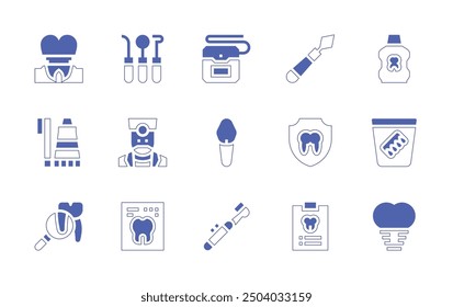 Dentist icon set. Duotone style line stroke and bold. Vector illustration. Containing dentisttools, dentist, dentalinsurance, periodontalscaler, dentalfloss, implant, toothbrush, canine.