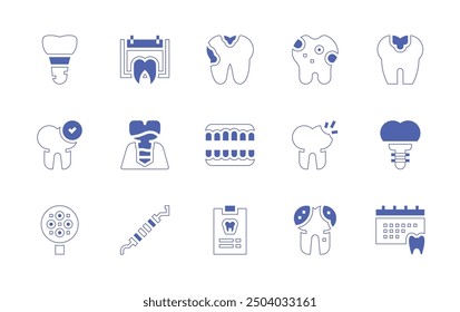 Dentist icon set. Duotone style line stroke and bold. Vector illustration. Containing dentistlight, dentist, caries, periimplantitis, brokentooth, checked, rotten, dentalimplant, teeth, report.