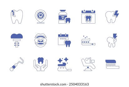 Dentist icon set. Duotone style line stroke and bold. Vector illustration. Containing dentistchair, appointment, toothpaste, dentalcare, decay, medicine, toothbrush.