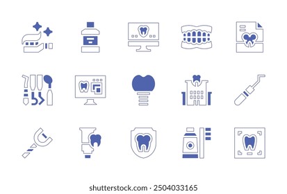 Dentist icon set. Duotone style line stroke and bold. Vector illustration. Containing dentist, implant, toothpaste, hospital, protection, toothbrush, periodontalscaler, xray.