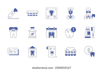 Dentist icon set. Duotone style line stroke and bold. Vector illustration. Containing dentist, tooth, braces, calendar, xray, toothbrush, medicalrecord, brackets, mouthwash.