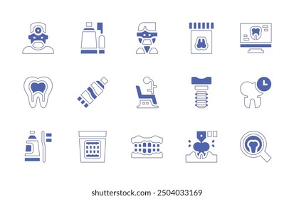 Dentist icon set. Duotone style line stroke and bold. Vector illustration. Containing dentistchair, brushteeth, dentist, denture, tooth, drill, implants, toothpaste.