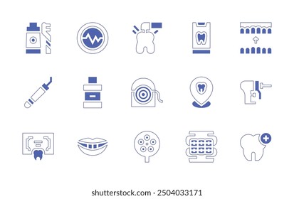 Dentist icon set. Duotone style line stroke and bold. Vector illustration. Containing dentist, dentallight, smile, dentalfloss, braces, premolar, mouthwash, teeth, instrument.