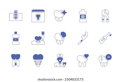 Dentist icon set. Duotone style line stroke and bold. Vector illustration. Containing dentist, dentalfloss, love, tooth, anesthesia, implant, calendar, mouthwash, molar.