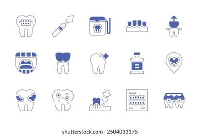 Dentist icon set. Duotone style line stroke and bold. Vector illustration. Containing dentist, dentalcare, dentalfloss, falseteeth, anesthesia, pin, cavity, premolar, extraction, mouthwash, xray, brac