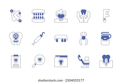 Dentist icon set. Duotone style line stroke and bold. Vector illustration. Containing dentist, cavities, destination, tooth, dental, medicalhistory, teeth, denture, dentalreport.