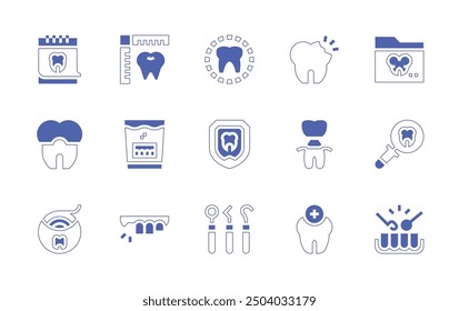 Dentist icon set. Duotone style line stroke and bold. Vector illustration. Containing dentalcrown, teeth, brokentooth, tooth, dentalfloss, dentures, protection, calendar, dentalcare, tools.