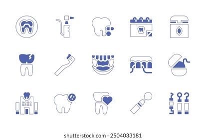 Dentist icon set. Duotone style line stroke and bold. Vector illustration. Containing dentalcare, toothbrush, dentist, brokentooth, prosthesis, openmouth, bacteria, tooth, pipe.