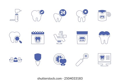 Dentist icon set. Duotone style line stroke and bold. Vector illustration. Containing braces, dentist, chair, clock, incisor, calendar, tooth, checked, dentaldrill.