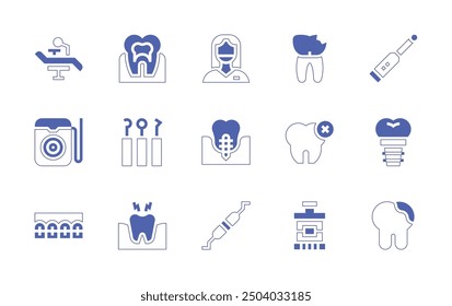 Dentist icon set. Duotone style line stroke and bold. Vector illustration. Containing chair, dentisttools, dentist, toothache, dentalfloss, dentalimplant, periodontalscaler, nerve, brackets.