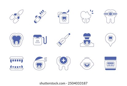 Dentist icon set. Duotone style line stroke and bold. Vector illustration. Containing babyteeth, dentalfloss, floss, implant, tooth, brokentooth, electrictoothbrush, toothbrush, denture, pliers.