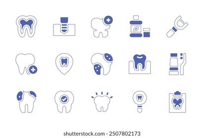 Dentist icon set. Duotone style line stroke and bold. Vector illustration. Containing tooth, teeth, plaque, dentist, mouthwash, medicalrecord, implant, rotten, dentalfloss, toothbrush, checkup.